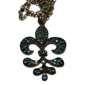 Fleur De Lis Pendant with Turquoise and Gold Rhinestones